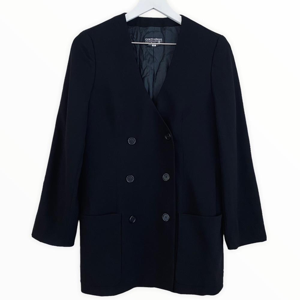 Giorgio Armani Made in Italy Black Double‎ Breasted Long Blazer Jacket Size 8